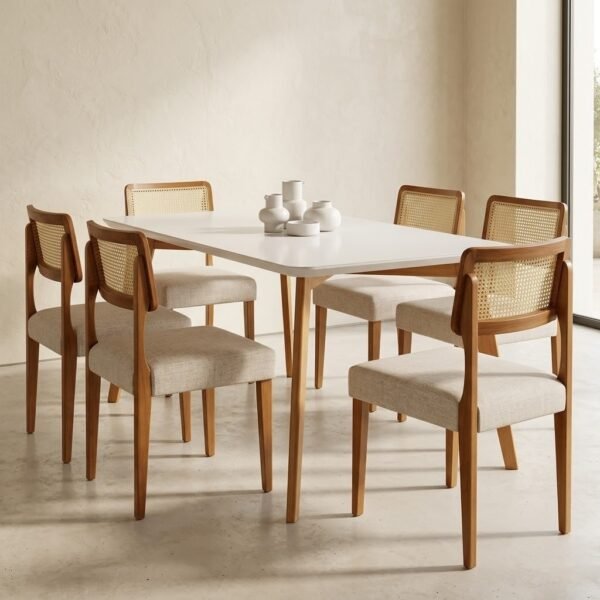 Mesa Anne 180 Mel/Off White com 6 Cadeiras Fortaleza Linho Palha 311A – HR MOVELARIA