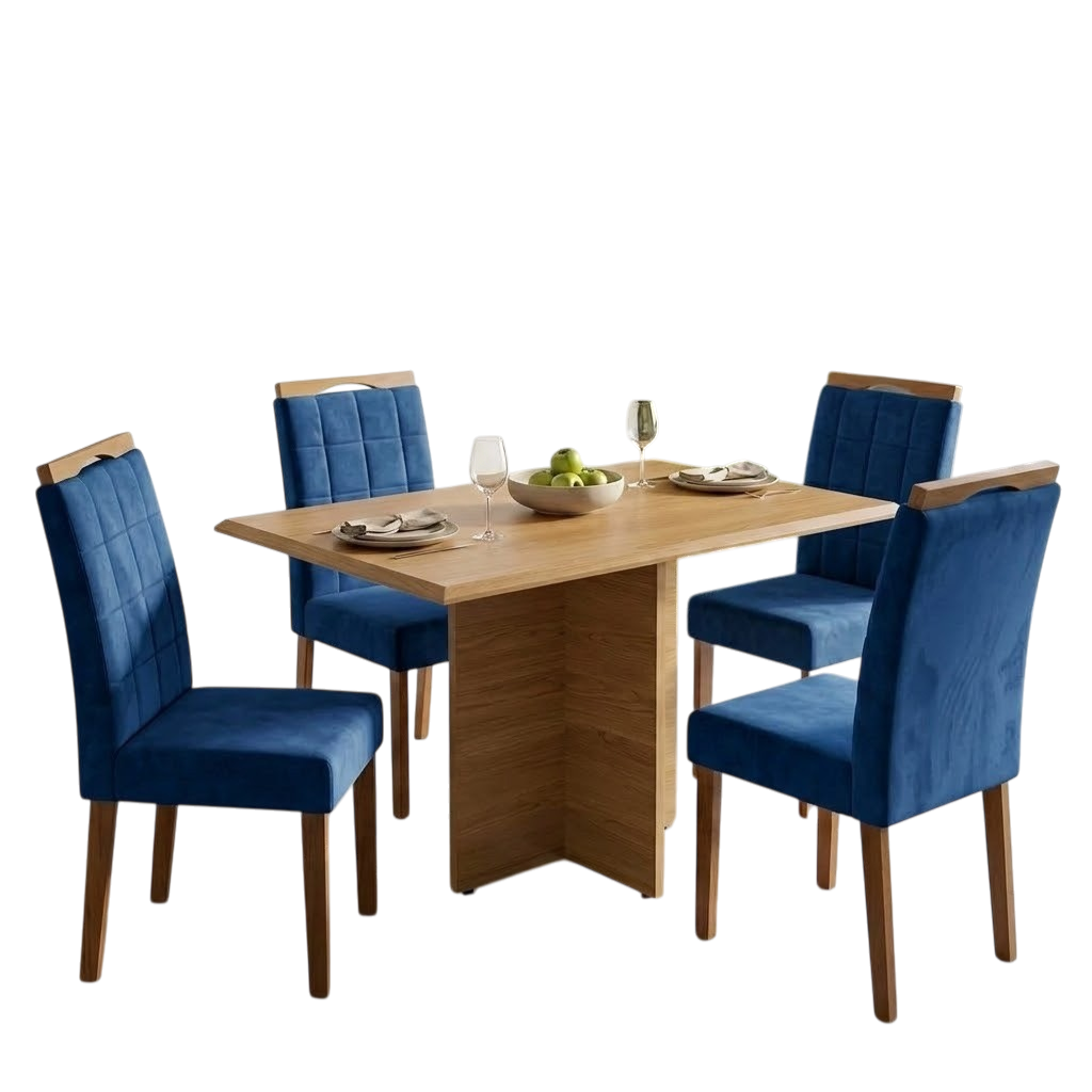 Mesa Pérola 120 Imbuia Mel (Tampo Viena s/vidro) com 4 Cadeiras Las Vegas Veludo Azul 24 – CARVALHO DECOR + OURO DECOR - Imagem 2
