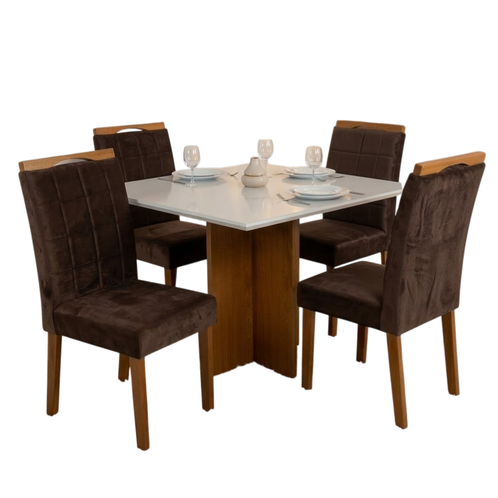 Mesa Salinas 90 (Tampo Dakota c/vidro) Cinamomo/Off White com 4 Cadeiras Las Vegas Veludo Marrom 17 – CEL MÓVEIS + OURO DECOR - Imagem 2
