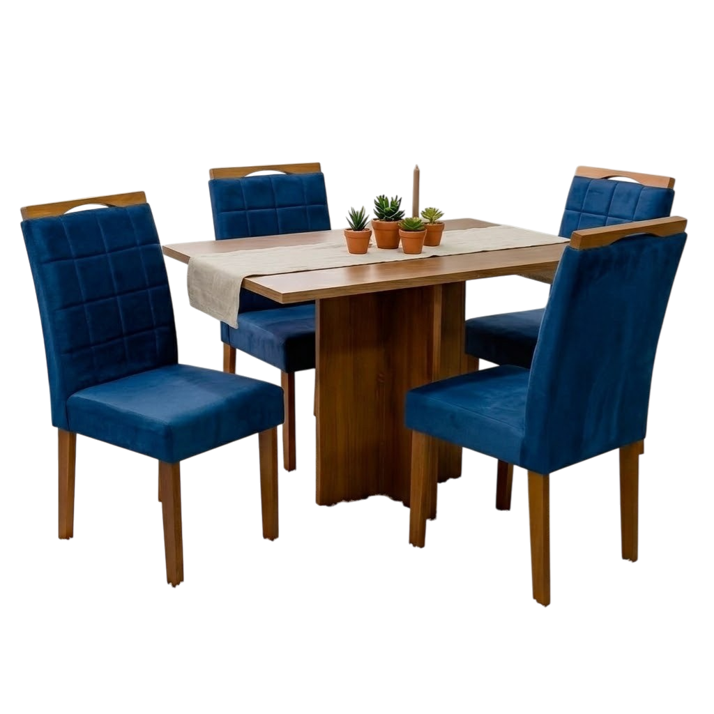 Mesa Salinas 100 (Tampo Dakota s/vidro) Cinamomo/Off White com 4 Cadeiras Las Vegas Veludo Azul 24 – CEL MÓVEIS + OURO DECOR - Imagem 2