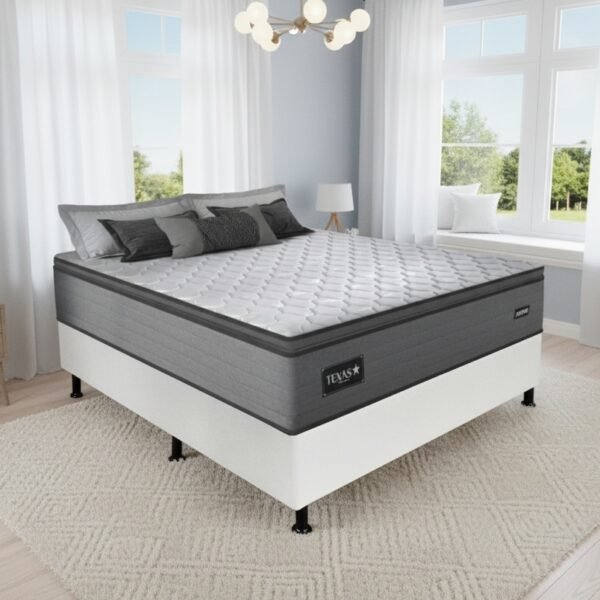 Colchão Casal Texas 29 cm D28 Molas Ensacadas + Base Simples Corino Branco – GAZIN + ALTO NÍVEL