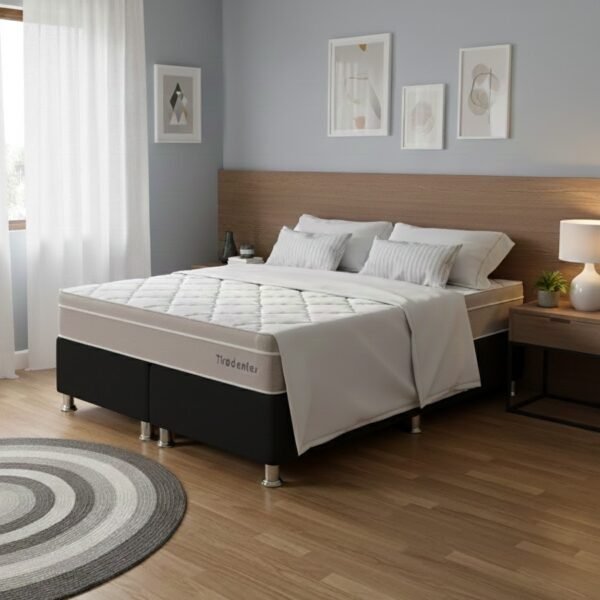 Colchão Queen Tiradentes 24 cm D28 Molas Ensacadas + Base Simples Corino Preto – COLCHOMINAS + ALTO NÍVEL