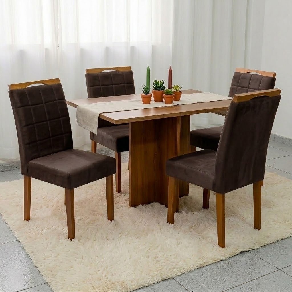 Mesa Salinas 100 (Tampo Dakota s/vidro) Cinamomo/Off White com 4 Cadeiras Las Vegas Veludo Marrom 17 – CEL MÓVEIS + OURO DECOR