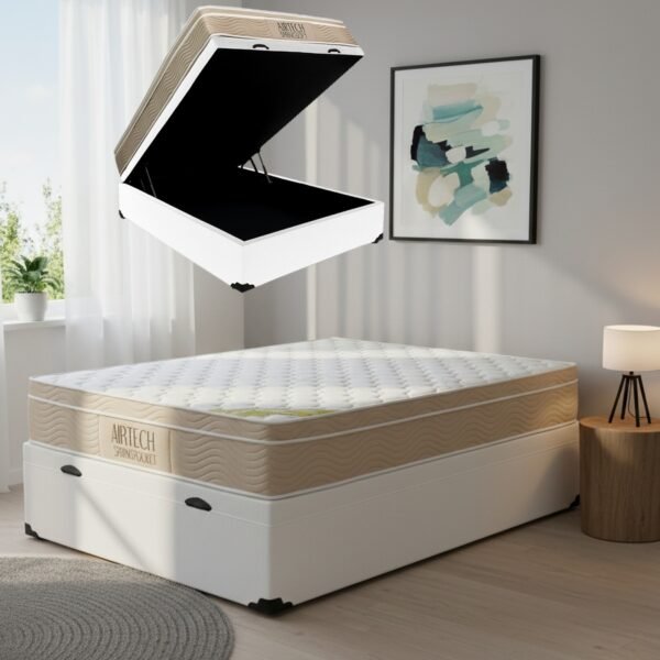 Colchão Casal Airtech Springpocket 25 cm D26 Molas Ensacadas + Base Baú Corino Branco – ORTOBOM + ALTO NÍVEL