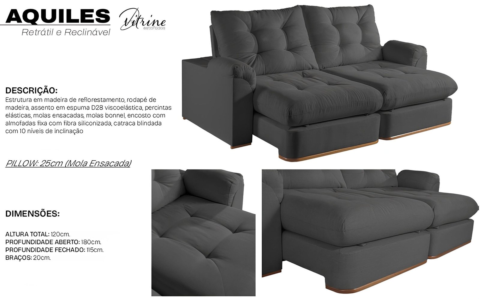 Sofá Retrátil e Reclinável Aquiles/Maya 2,40 m Veludo Cinza Grafite 4053 - D'VITRINE - Imagem 3