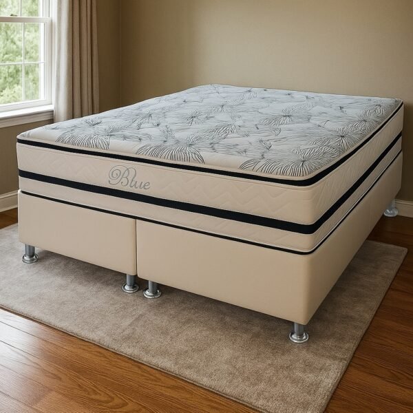 Colchão Queen Blue 32 cm H33 Molas Ensacadas + Base Simples Corino Branco – PAROPAS + ALTO NÍVEL