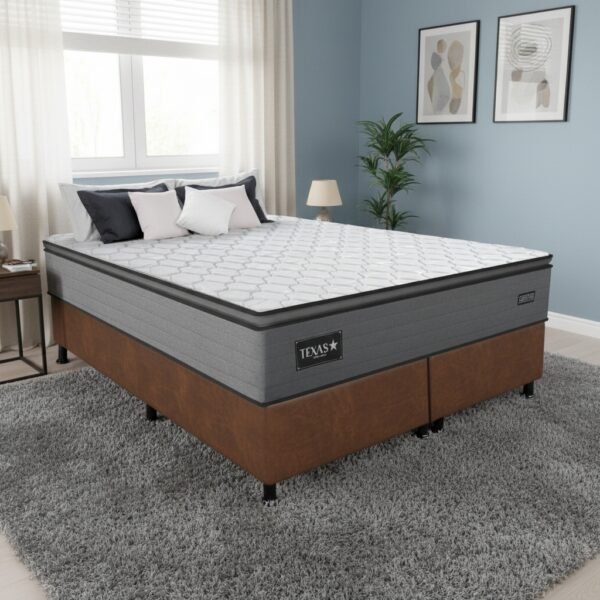 Colchão Queen Texas 29 cm D28 Molas Ensacadas + Base Simples Corino Marrom – GAZIN COLCHÕES + ALTO NÍVEL