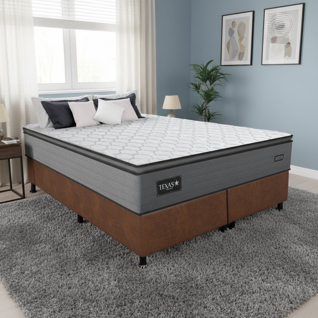 Colchão Queen Texas 29 cm D28 Molas Ensacadas + Base Simples Corino Marrom – GAZIN COLCHÕES + ALTO NÍVEL