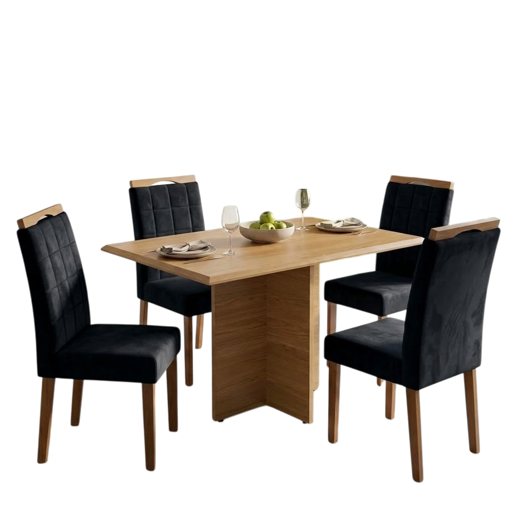 Mesa Pérola 120 Imbuia Mel (Tampo Viena s/vidro) com 4 Cadeiras Las Vegas Veludo Preto 13 – CARVALHO DECOR + OURO DECOR - Imagem 2
