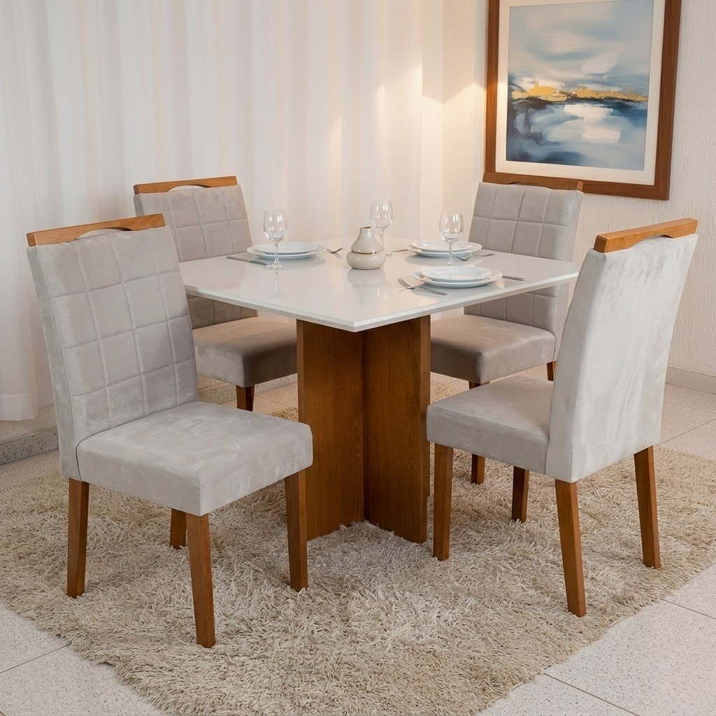 Mesa Salinas 90 (Tampo Dakota c/vidro) Cinamomo/Off White com 4 Cadeiras Las Vegas Veludo Bege 01 – CEL MÓVEIS + OURO DECOR