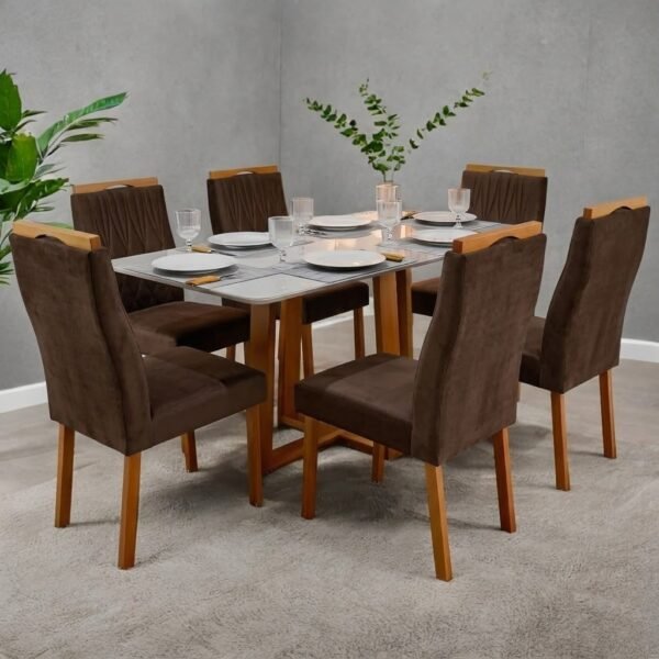 Mesa Pedro 160 Mel/Off White com 6 Cadeiras Gênova Veludo Marrom – ART ASSENTOS