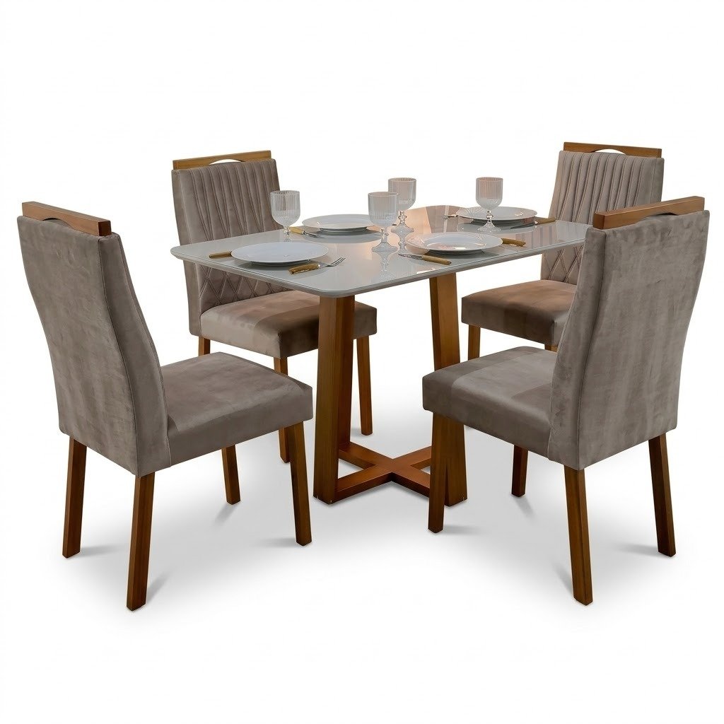 Mesa Pedro 90 Mel/Off White com 4 Cadeiras Gênova Veludo Bege Capuccino 506 – ART ASSENTOS - Imagem 3