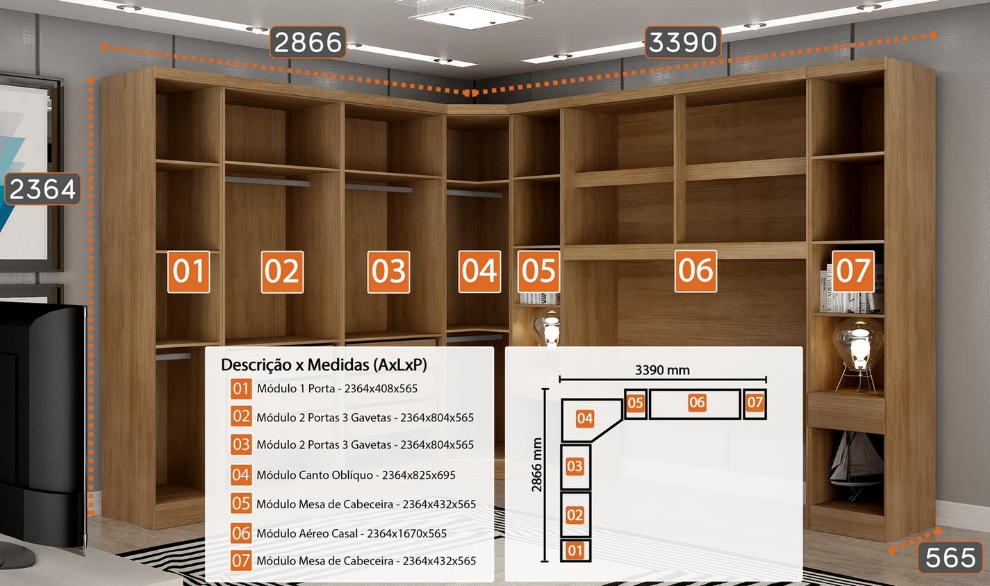 Modulado Casal/Queen 7 módulos Rizon (Dois Módulos 2 Pts + Dois Criado + Módulo 1 Pt + Canto Oblíquo + Aéreo 1.67) Cumaru/Fendi - NOVO HORIZONTE - Imagem 3