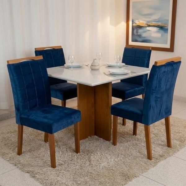 Mesa Salinas 90 (Tampo Dakota c/vidro) Cinamomo/Off White com 4 Cadeiras Las Vegas Veludo Azul 24 – CEL MÓVEIS + OURO DECOR