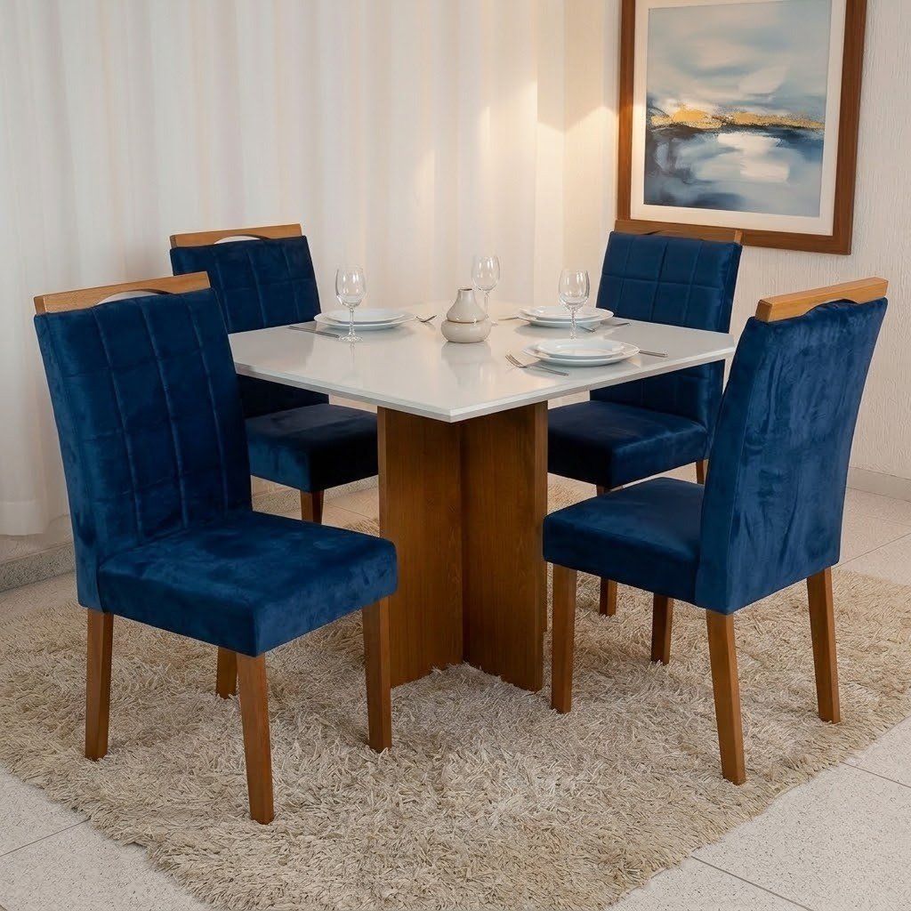 Mesa Salinas 90 (Tampo Dakota c/vidro) Cinamomo/Off White com 4 Cadeiras Las Vegas Veludo Azul 24 – CEL MÓVEIS + OURO DECOR