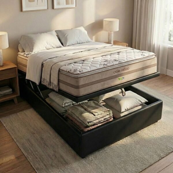 Colchão Casal Dom Hélio VX 32 cm D28 Molas Ensacadas + Base Baú Corino Preto – ECOTEC + ALTO NÍVEL
