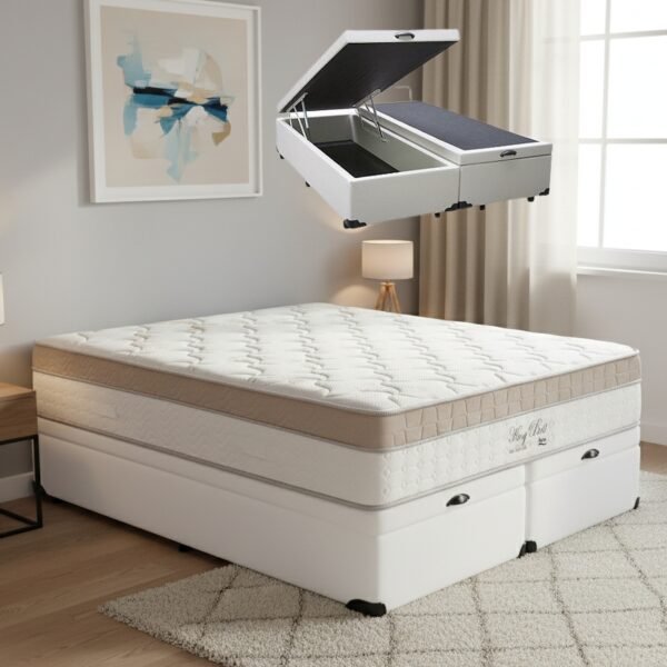 Colchão Queen King Best 28 cm D28 Molas Ensacadas + Base Baú Corino Branco – ANJOS + ALTO NÍVEL