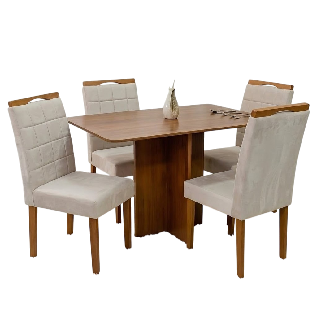 Mesa Salinas 120 (Tampo Londres s/vidro) Cinamomo/Off White com 4 Cadeiras Las Vegas Veludo Bege 01 – CEL MÓVEIS + OURO DECOR - Imagem 2