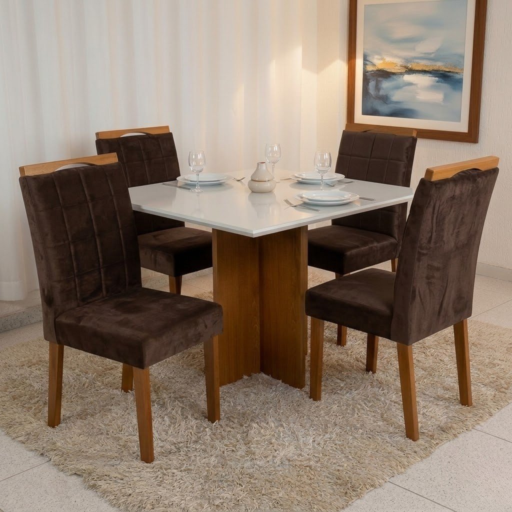 Mesa Salinas 90 (Tampo Dakota c/vidro) Cinamomo/Off White com 4 Cadeiras Las Vegas Veludo Marrom 17 – CEL MÓVEIS + OURO DECOR