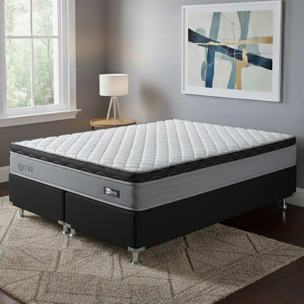Colchão Queen Qatar 26 cm D28 Molas ensacadas + Base Simples Corino Preto – DESIGN COLCHÕES + ALTO NÍVEL