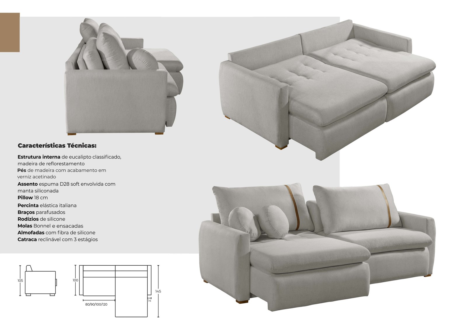 Sofá Cama Retrátil Lagoon 2,30 m Linho Cinza - CONFORT LAR ESTOFADOS - Imagem 5