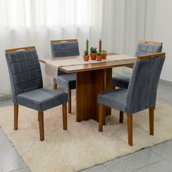 Mesa Salinas 100 (Tampo Dakota s/vidro) Cinamomo/Off White com 4 Cadeiras Las Vegas Veludo Cinza Grafite 10 – CEL MÓVEIS + OURO DECOR