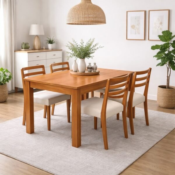 Mesa Athenas 120 Amêndoa Clean com 4 Cadeiras Turquia Mel/Linho Palha 311A – LOPAS + HR MOVELARIA