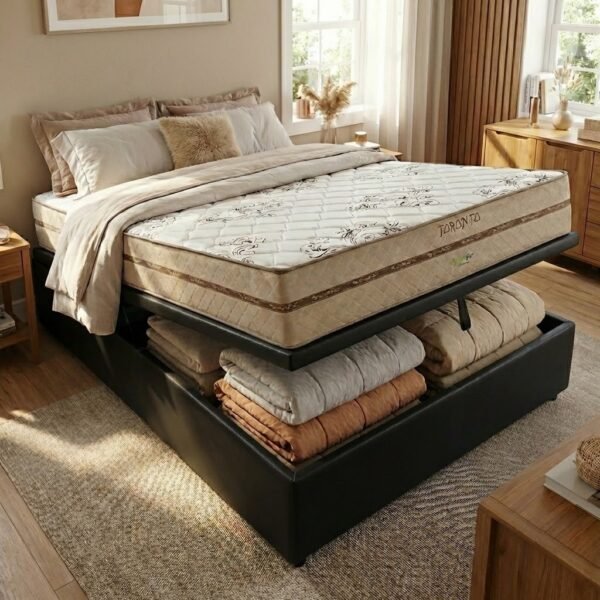 Colchão Casal Toronto 30 cm D28 Molas Ensacadas + Base Baú Corino Preto – ECOTEC + ALTO NÍVEL