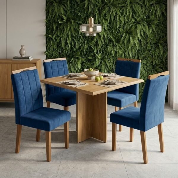 Mesa Pérola 90 Imbuia Mel (Tampo Viena s/vidro) com 4 Cadeiras Las Vegas Veludo Azul 24 – CARVALHO DECOR + OURO DECOR