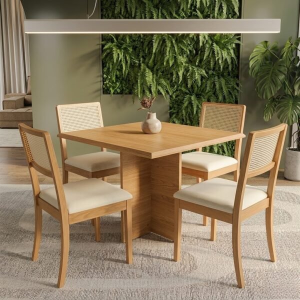 Mesa Pérola 90 Imbuia Mel (Tampo Viena s/vidro) com 4 Cadeiras Lola Linho Areia A085A – CARVALHO DECOR + KAPPESBERG