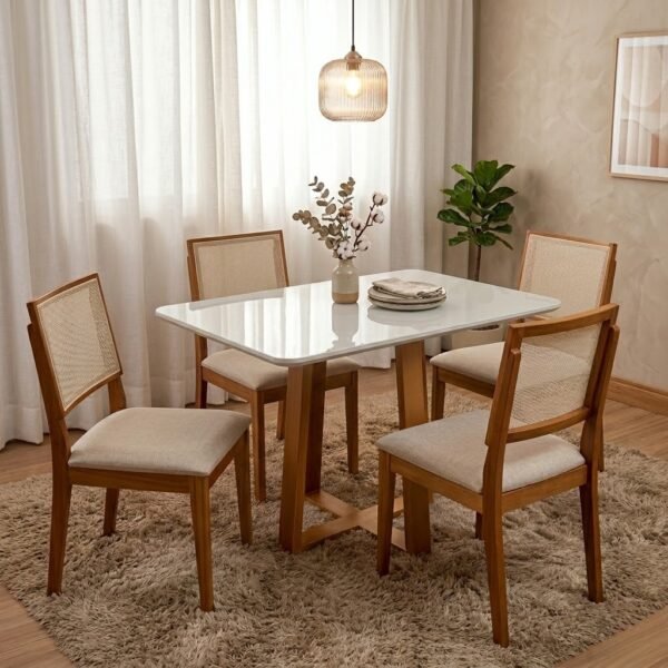 Mesa Pedro 120 Mel/Off White com 4 Cadeiras Dubai Mel/Linho Bege 614 – ART ASSENTOS