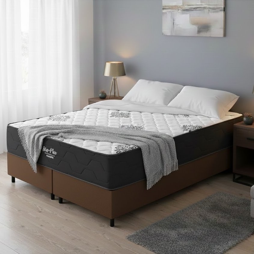 Colchão Queen Star Plus 25 cm D26 Molas Ensacadas + Base Simples Corino Marrom – INOVAFLEX + ALTO NÍVEL