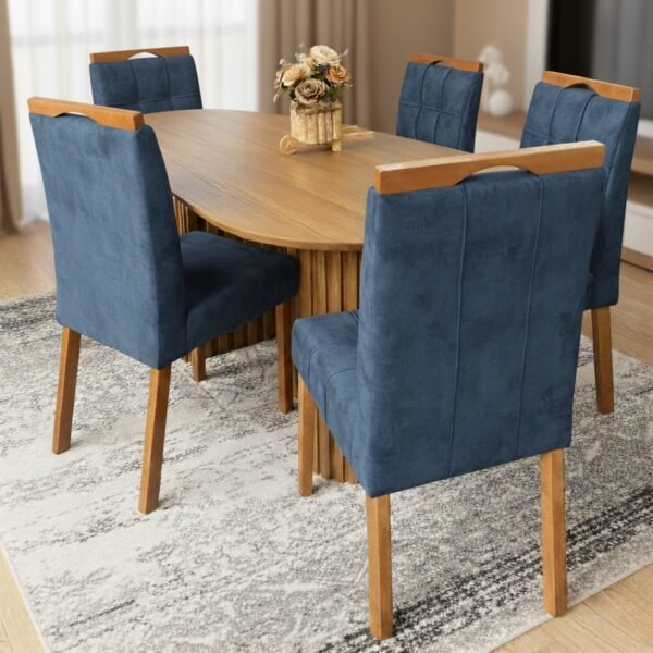 Mesa Isis 180 Freijó com 6 Cadeiras Sophia Veludo Azul – LEIFER + WM DECOR