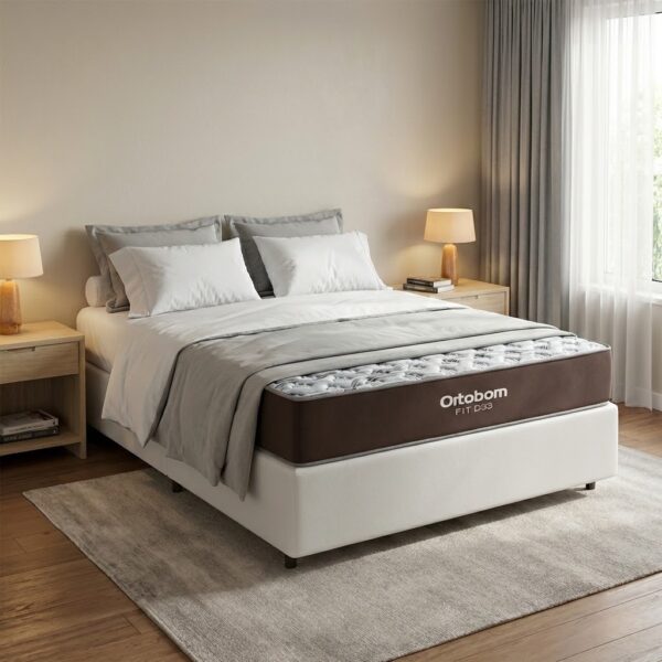 Colchão Casal Fit 17 cm D33 + Base Simples Corino Branco – ORTOBOM + ALTO NÍVEL
