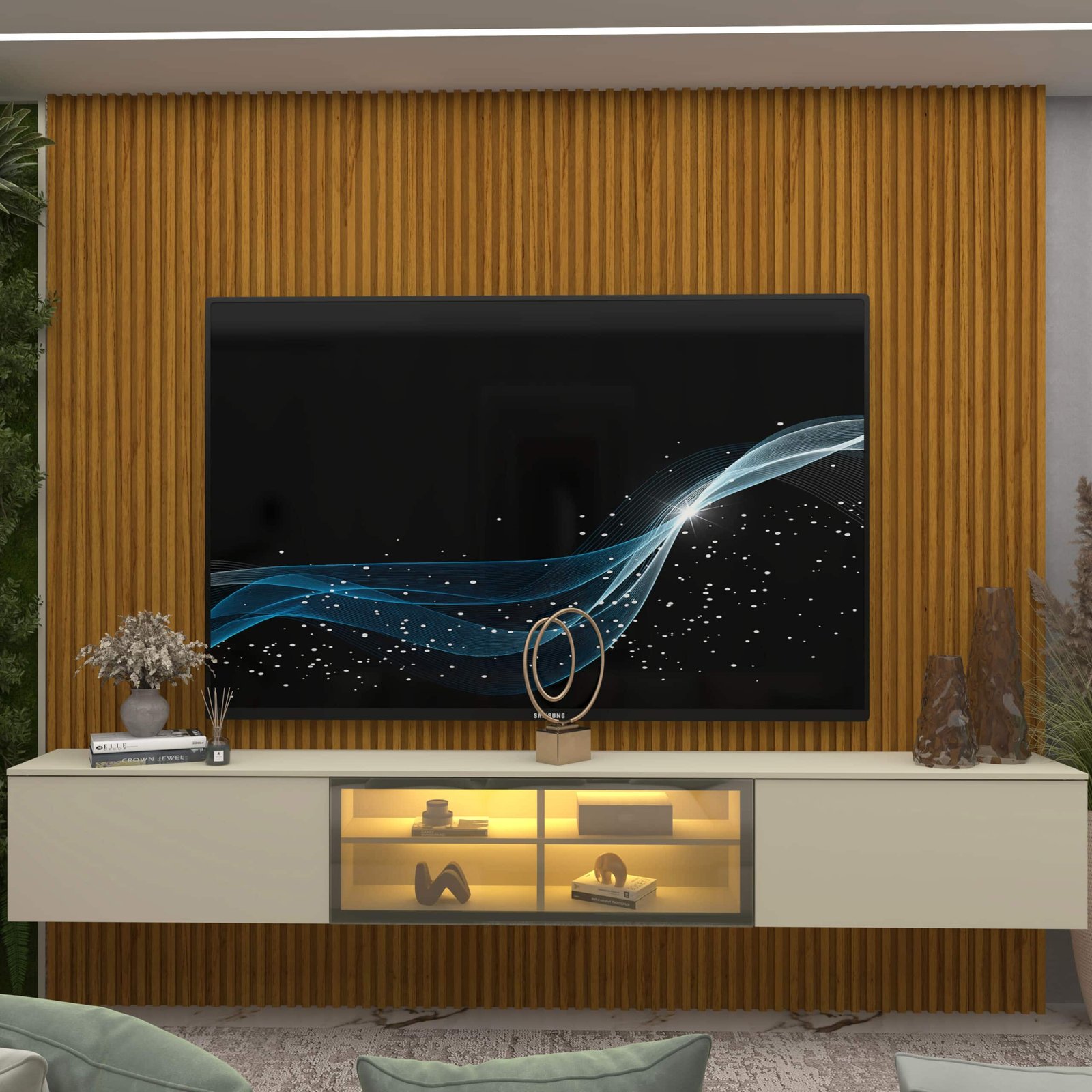Home Suspenso até 85" Supremo Ripado 218 Naturale com Nicho Luminare Off White - GELIUS - Imagem 3