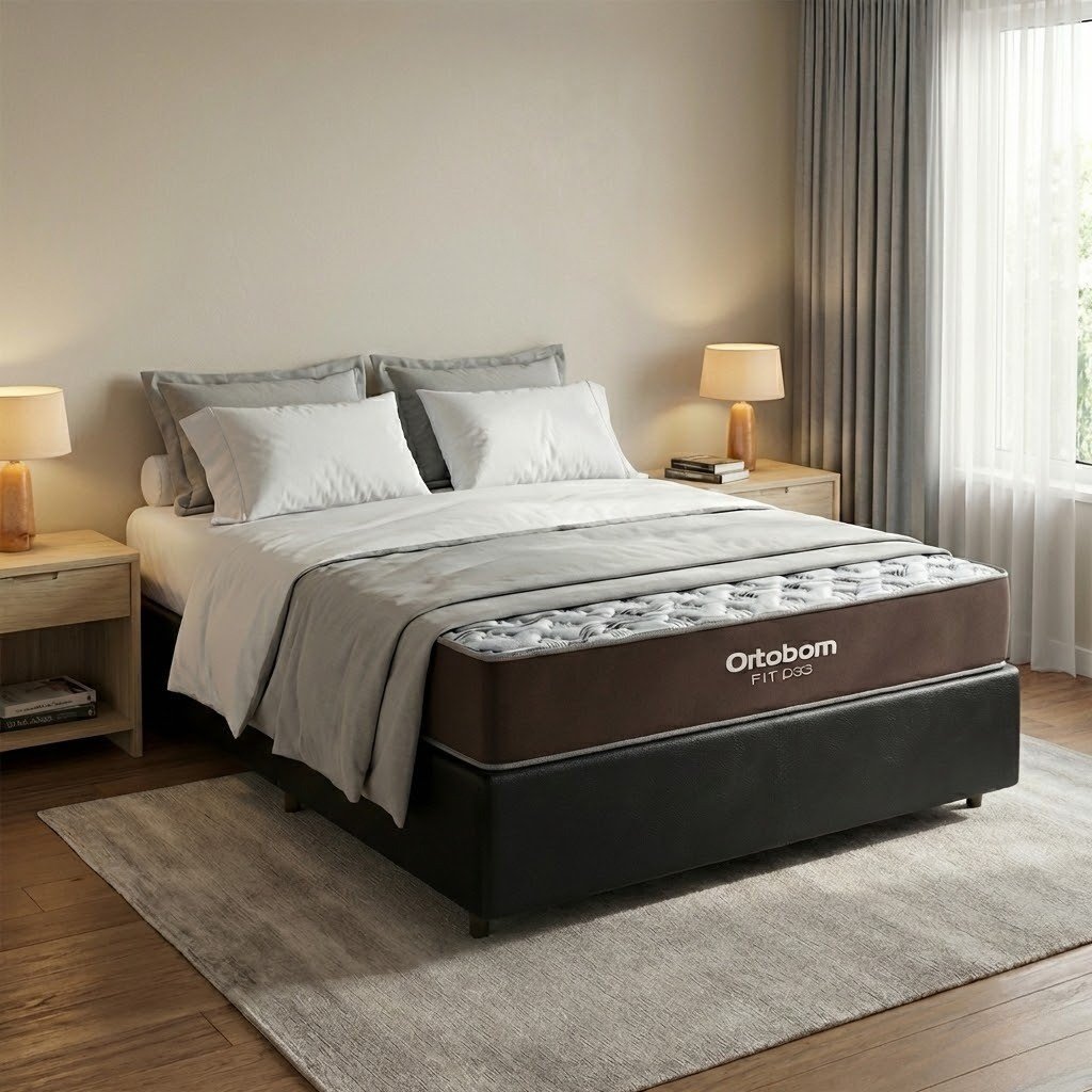 Colchão Casal Fit 17 cm D33 + Base Simples Corino Preto – ORTOBOM + ALTO NÍVEL