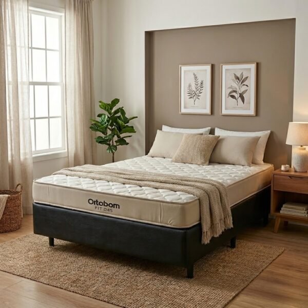 Colchão Casal Fit 25 cm D45 + Base Simples Corino Preto – ORTOBOM + BIOSTAR