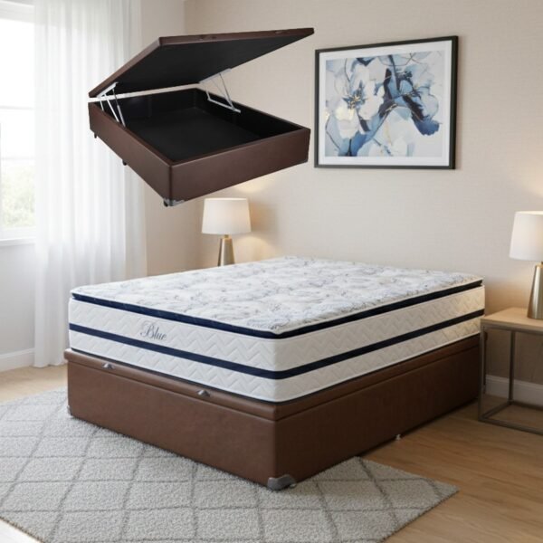 Colchão Casal Blue 32 cm H33 Molas Ensacadas + Base Baú Corino Marrom – PAROPAS + ALTO NÍVEL