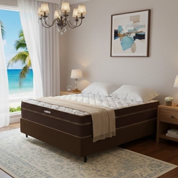 Colchão Casal Lisboa 24 cm D28 Molas Ensacadas + Base Simples Corino Marrom – ECOTEC + ALTO NÍVEL