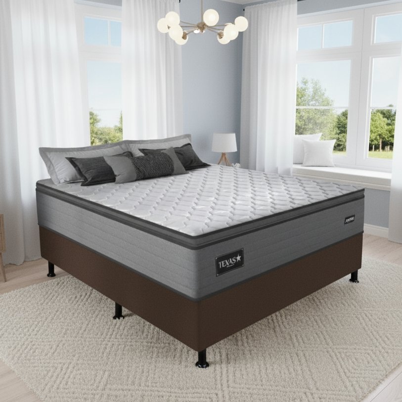 Colchão Casal Texas 29 cm D28 Molas Ensacadas + Base Simples Corino Marrom – GAZIN + ALTO NÍVEL