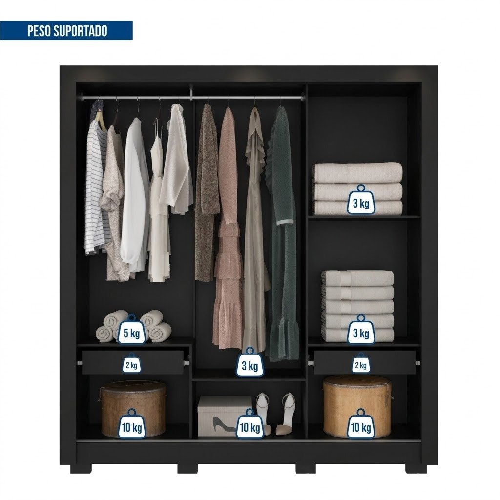 Guarda-Roupa 3 Portas Chile 1,914 m Preto - CAEMMUN MOVELARIA - Imagem 4