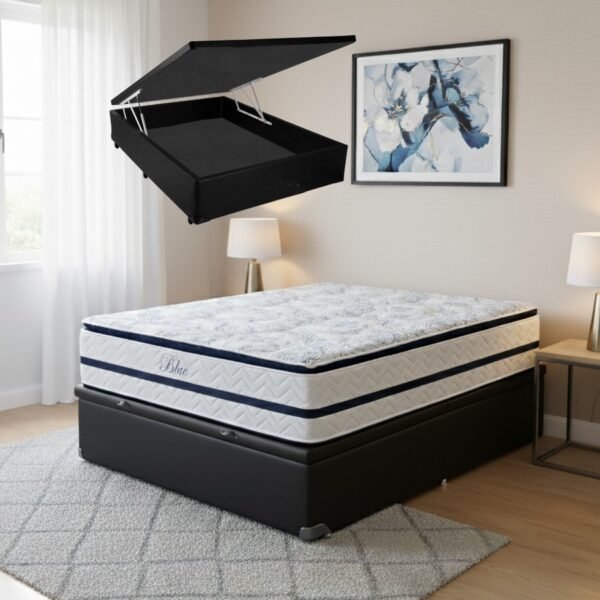 Colchão Casal Blue 32 cm H33 Molas Ensacadas + Base Baú Corino Preto – PAROPAS + ALTO NÍVEL