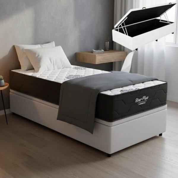 Colchão Solteiro Star Plus D26 + Base Box Baú Corino Branco – INOVAFLEX + ALTO NÍVEL CAMAS E COLCHÕES