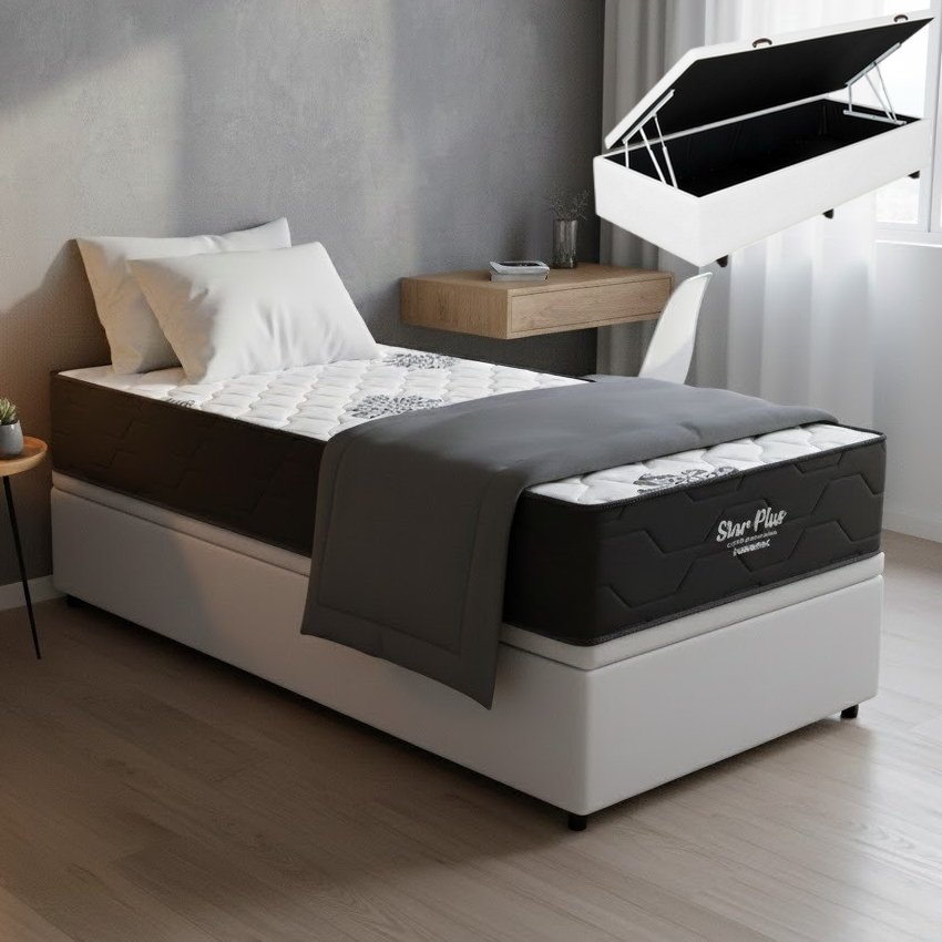 Colchão Solteiro Star Plus D26 + Base Box Baú Corino Branco – INOVAFLEX + ALTO NÍVEL CAMAS E COLCHÕES