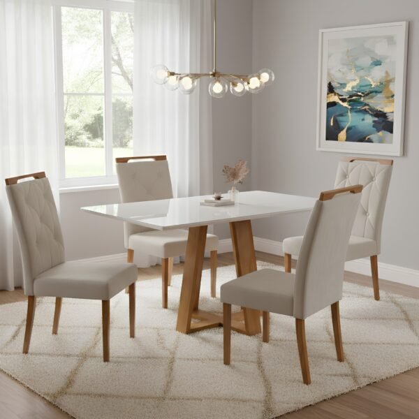 Mesa Ayres 120 Mel/Off White com 4 Cadeiras Yasmim Veludo Bege – VIEIRA DECOR
