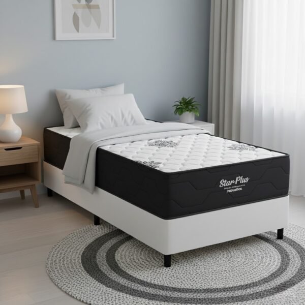 Colchão Solteiro Star Plus D26 + Base Box Simples Corino Branco – INOVAFLEX + BIOSTAR