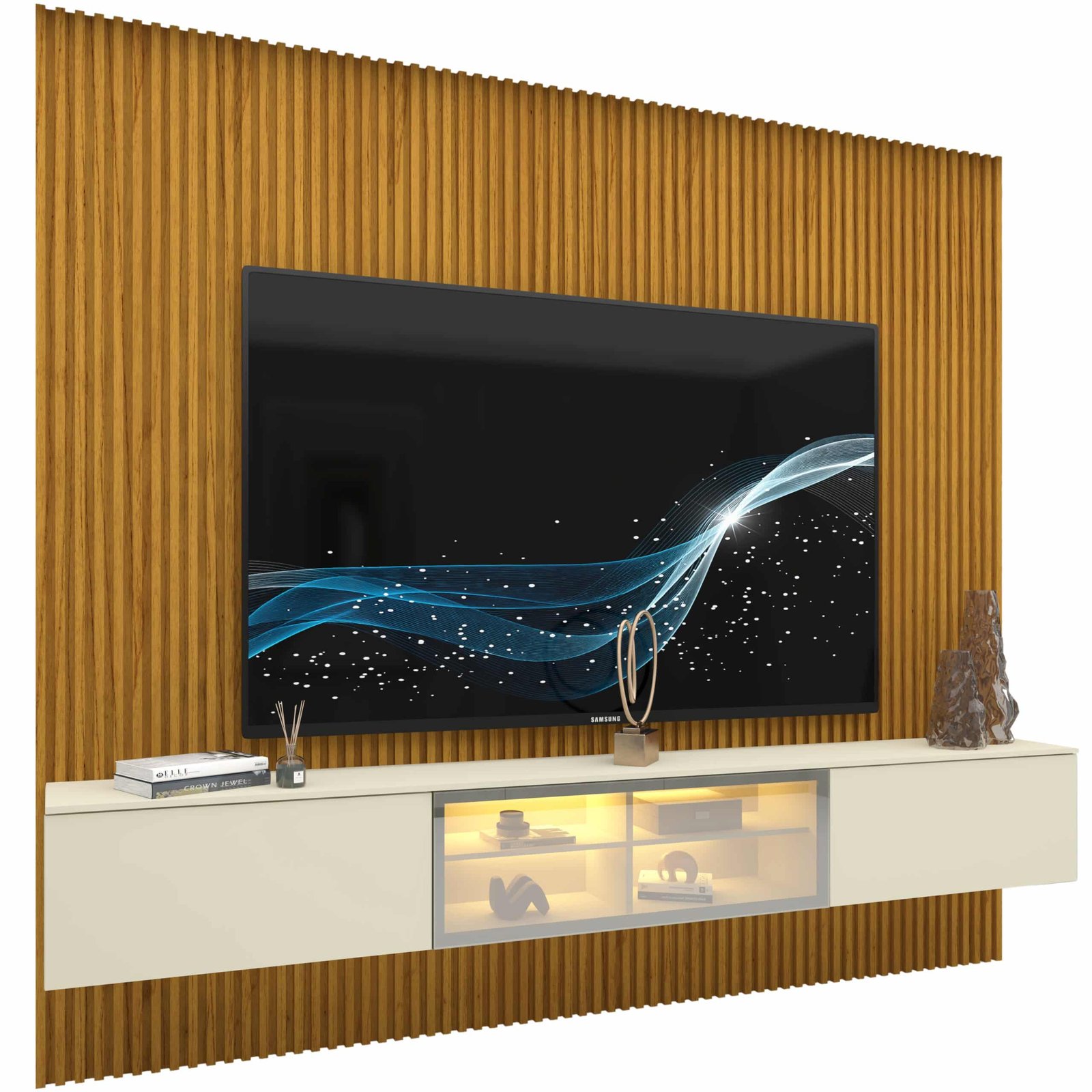 Home Suspenso até 85" Supremo Ripado 218 Naturale com Nicho Luminare Off White - GELIUS - Imagem 8