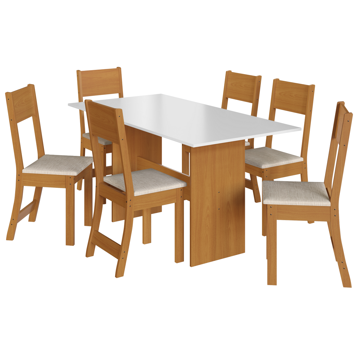 Mesa Karla 150 Freijó/Off White com 6 Cadeiras Linho Bege - INDÉKES - Imagem 2