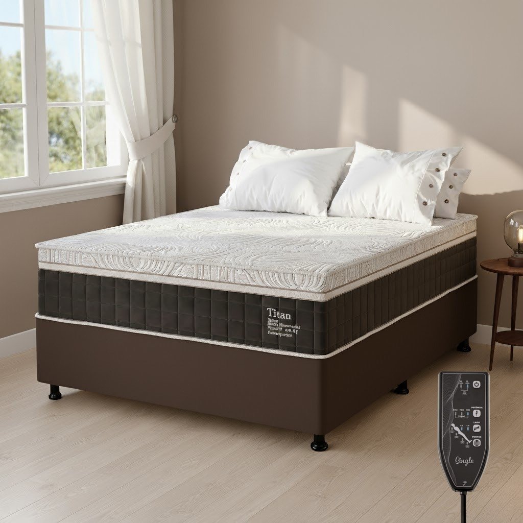 Colchão Casal Massageador Titan/Thor 34 cm D28 Molas Ensacadas + Base Box Simples Corino Marrom – VIERO + ALTO NÍVEL