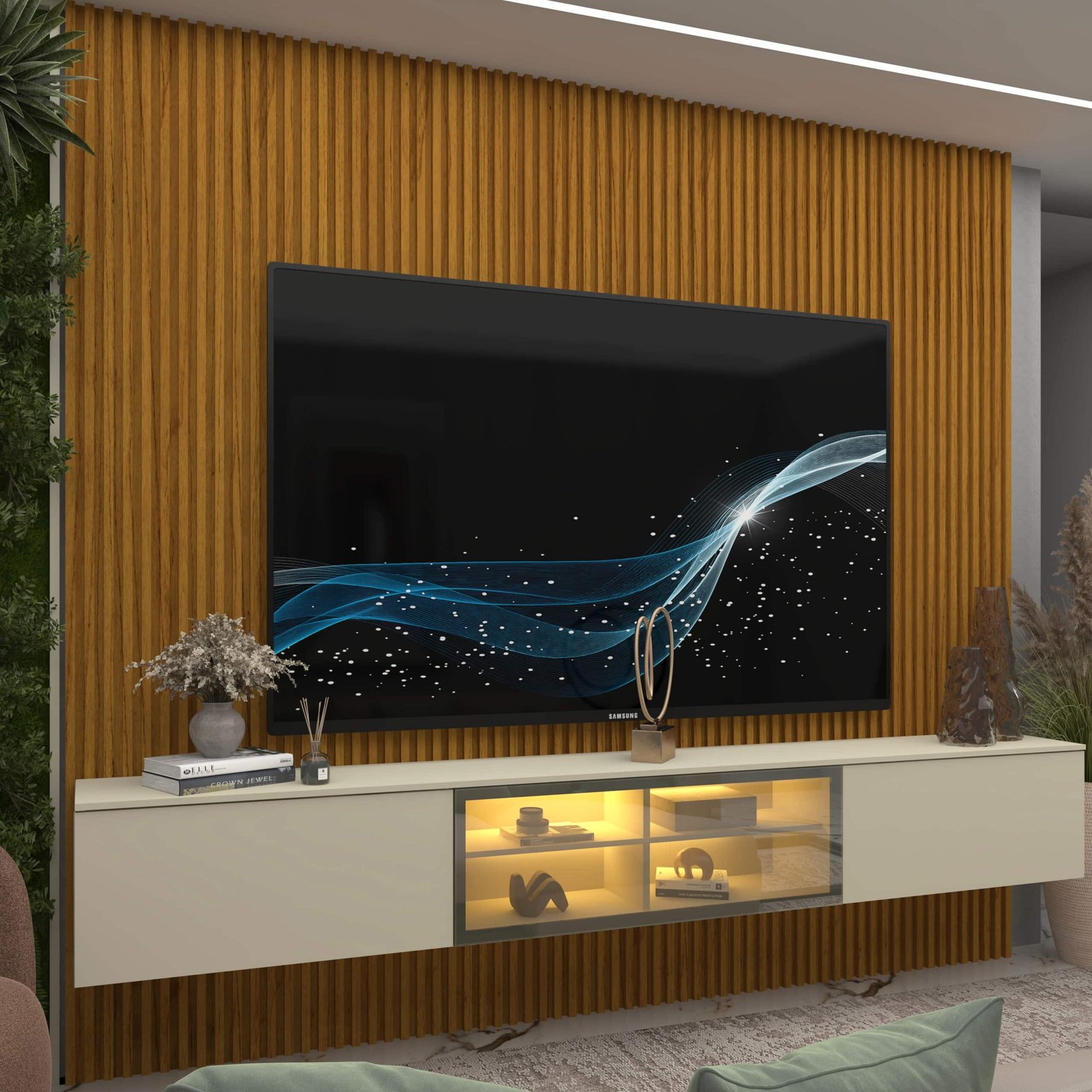 Home Suspenso até 85" Supremo Ripado 218 Naturale com Nicho Luminare Off White - GELIUS - Imagem 4